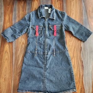 Adorable Faded Glory Denim Dress Girls Size 14/16 Front Zipper Red Accents